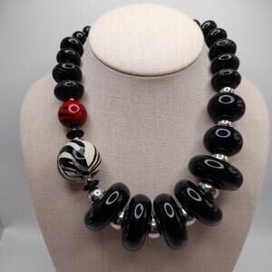 Chico’s Chunky Zebra Red Black Bead Statement Necklace 23” Bold Modern